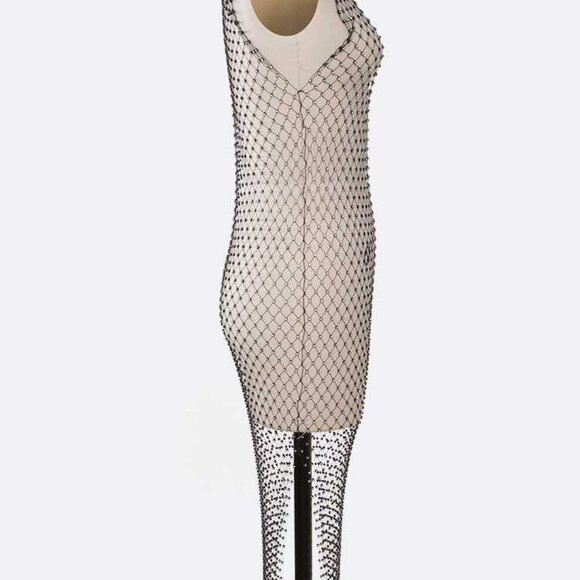 Rhinestone Fishnet Mesh V Neck Knee Length Cover Up - Black - Picture 3 of 4